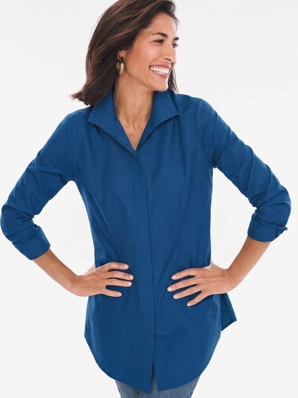 Chico's No Iron Sateen Wing Collar Top in Duchess Blue MP